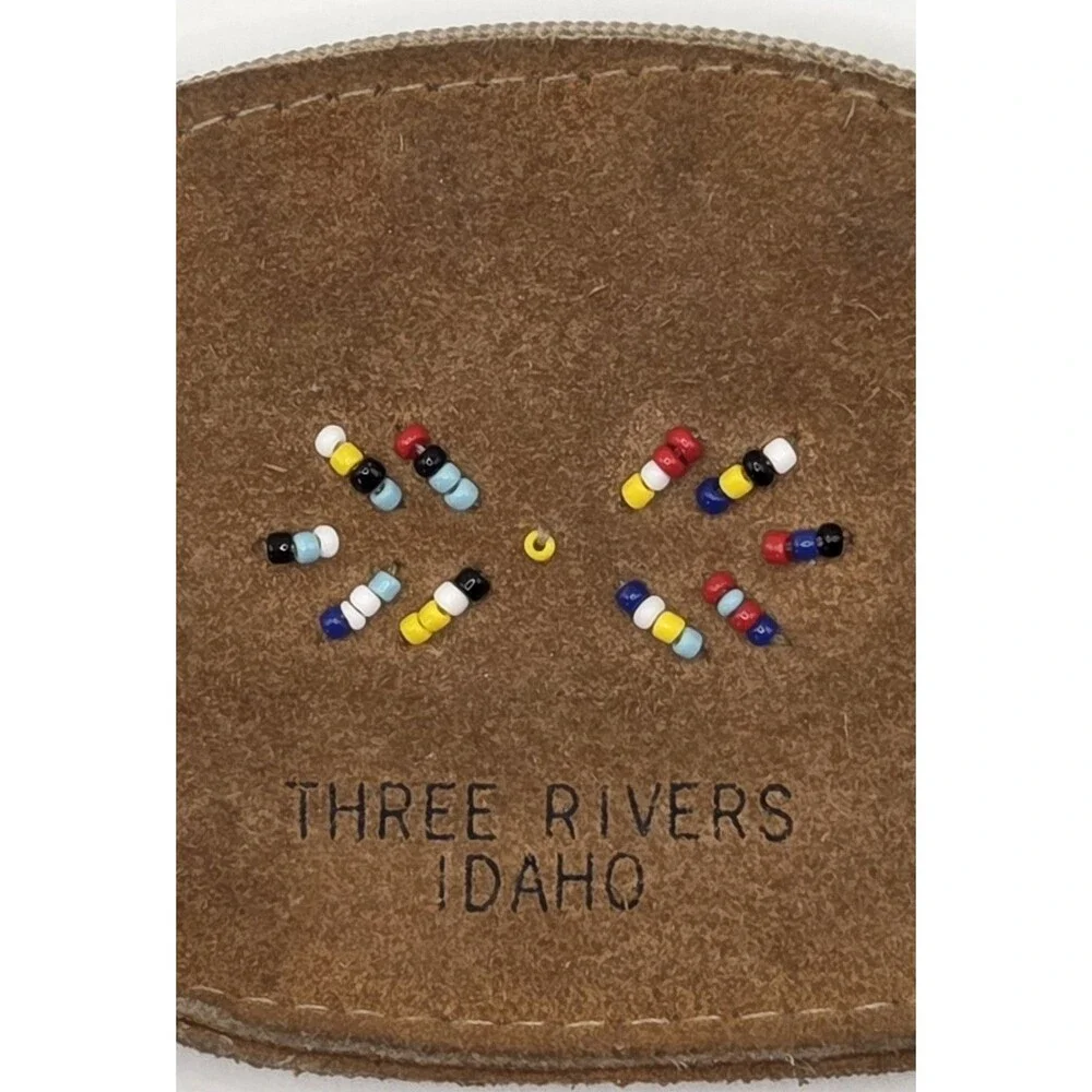 VTG Three Rivers Idaho Beaded Suede Leather Souvenir Coin Purse Zippered Native